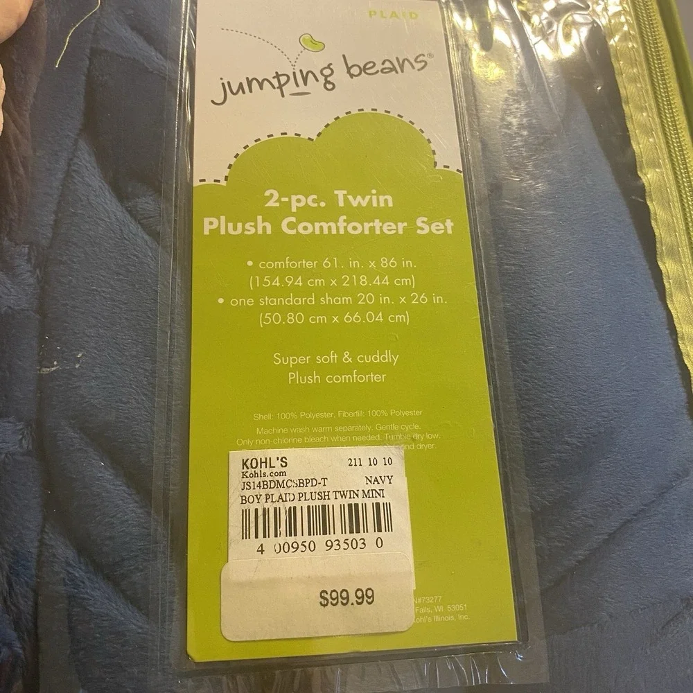 NEW Twin Plush Comforter Sham 2piece set Navy Blue windowpain Plaid Jumping bean